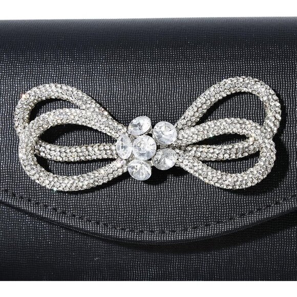 Women Black Shiny Crystal Bow Flap Clutch Wedding Party Handbag - Picture 9 of 9